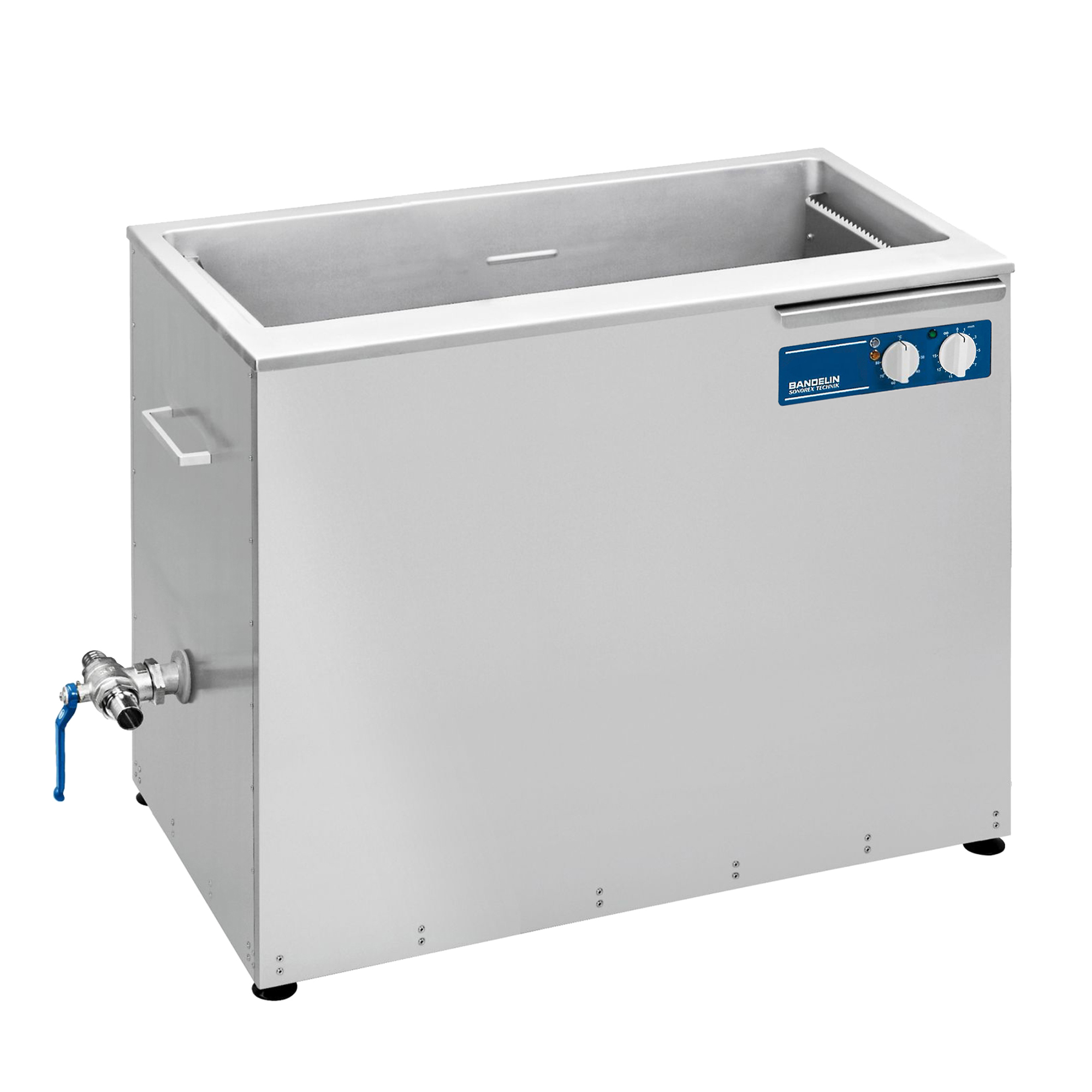 BANDELIN SONOREX TECHNIK RM 182 UH stainless-steel heated ultrasonic cleaning tank with blue controls and side drain.
