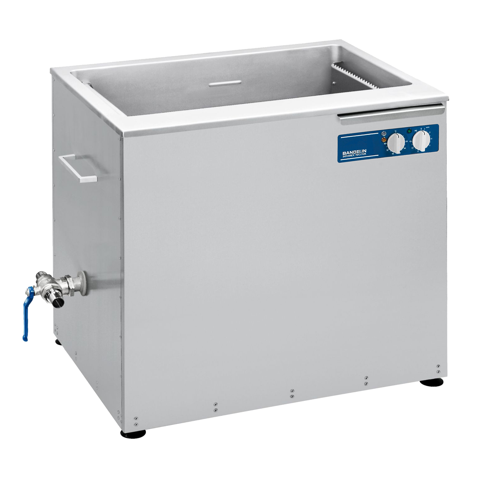 BANDELIN SONOREX TECHNIK RM 212 UH stainless-steel heated ultrasonic cleaning tank with blue controls and side drain.